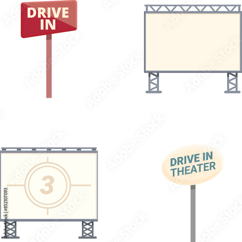Outdoor movie icons set cartoon vector. Car cinema or drive movie in open air. Entertainment event