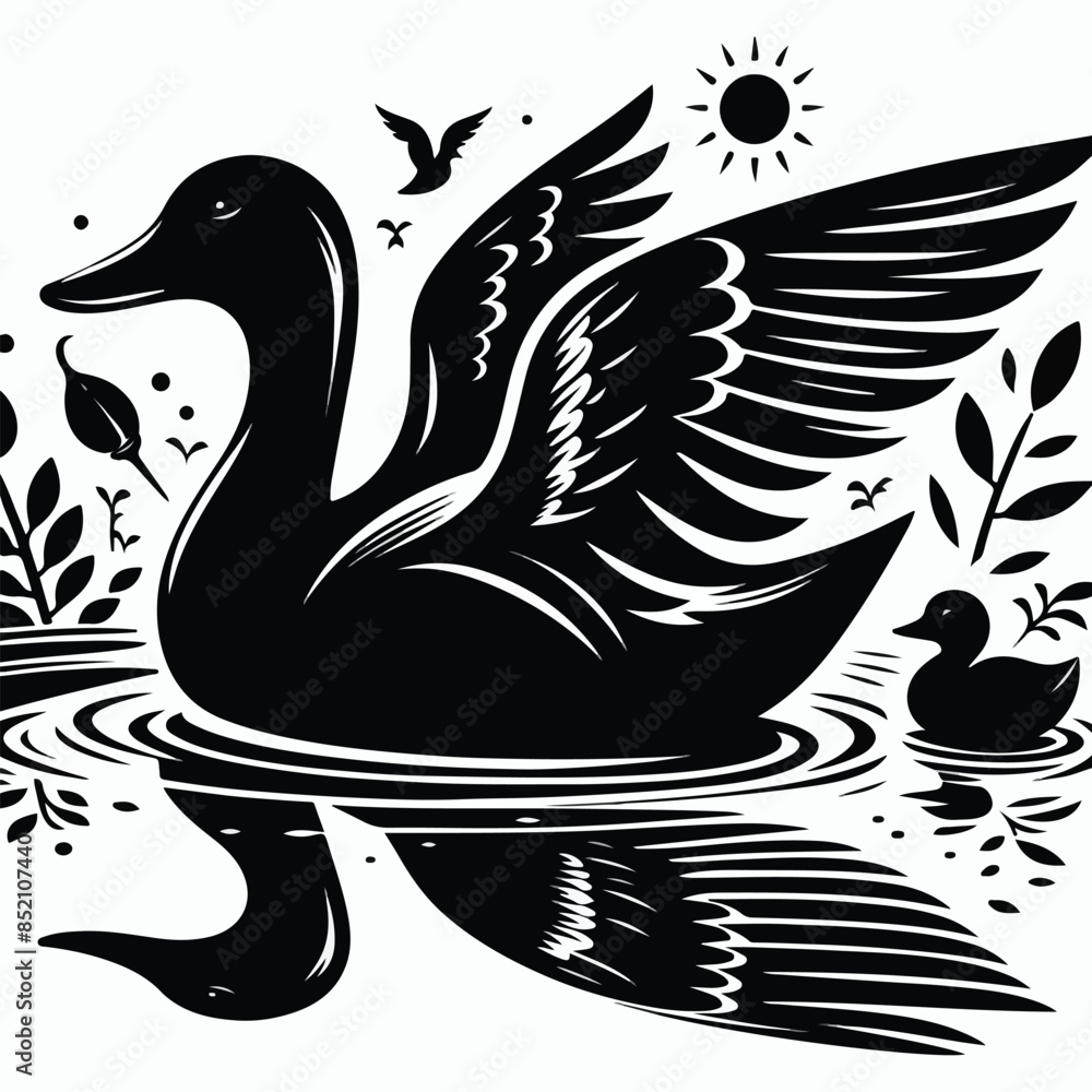 Obraz premium Black a duck silhouette vector illustration on white background