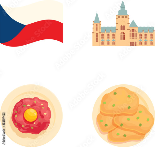 Czech landmark icons set cartoon vector. Traditional culture of czech republic. European country