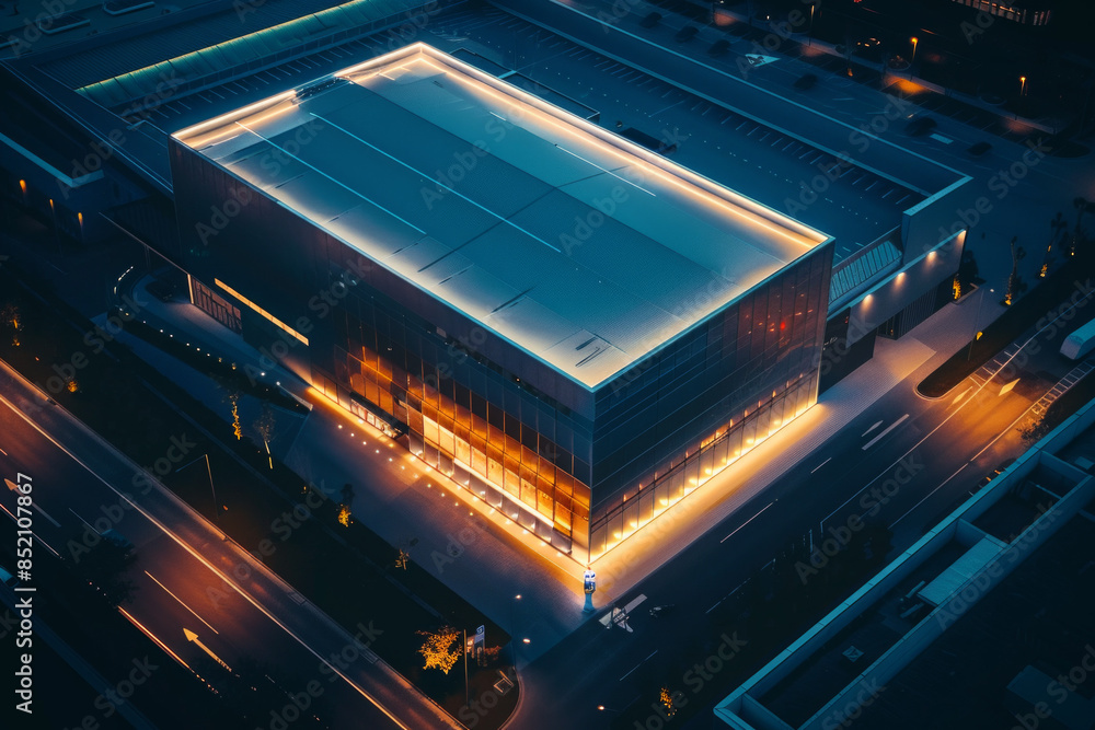 Obraz premium Aerial view of a data center at night, with its exterior illuminated by strategic lighting. 