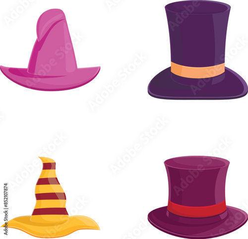 Wizard hat icons set cartoon vector. Old magician or sorceress hat. Halloween party