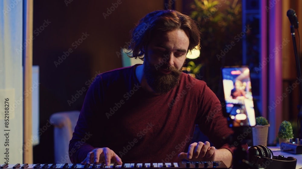 Obraz premium Artist teaching online piano lessons from his home studio, recording tutorial and playing midi controller synthesizer. Instructor explaining electronic keyboard notes, music industry. Camera A.