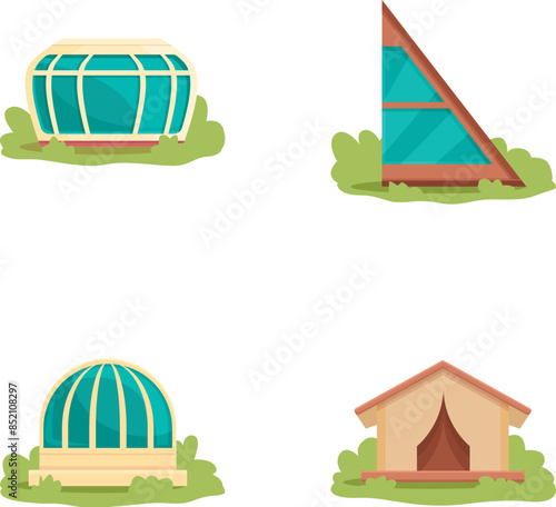 Modern glamping icons set cartoon vector. Various comfortable glamping tent. Travel, rest and adventure