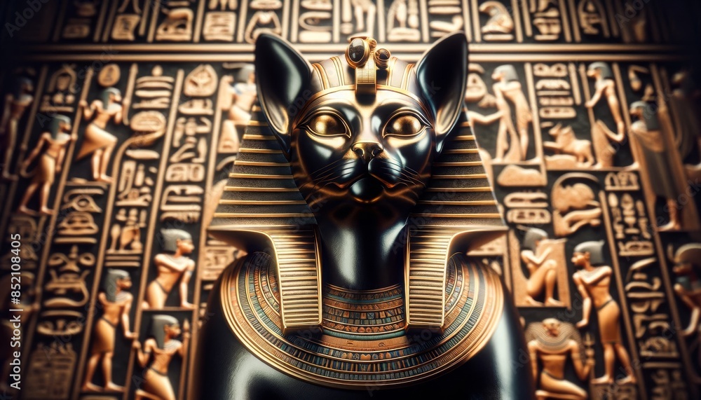 A detailed, focused image of an ancient Egyptian cat deity statue adorned with a traditional pharaoh mask, merging feline divinity with royal imagery. A detailed, focused image of an ancient Egyptian cat deity statue adorned with a traditional pharaoh mask, merging feline divinity with royal imagery.
