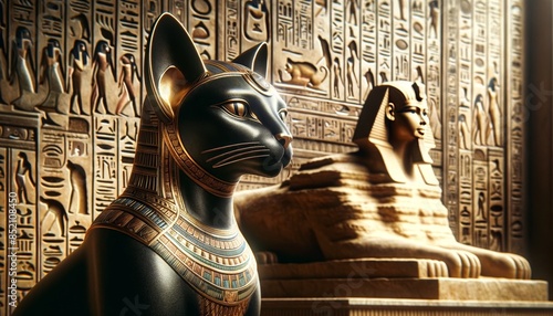 A detailed, focused image of an ancient Egyptian cat deity statue with the Great Sphinx of Giza in the background, creating a connection to ancient Egypt.