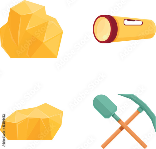 Gold rush icons set cartoon vector. Mining equipment and gold nugget. Goldmine