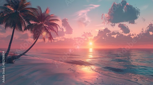 A beautiful beach scene with a palm tree and a sunset in the background