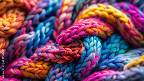 Close-up of colorful braided yarn texture.