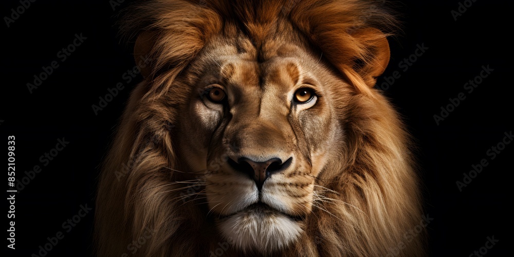 Naklejka premium Lion king Portrait on black background, Portrait of majestic lion Magnificent