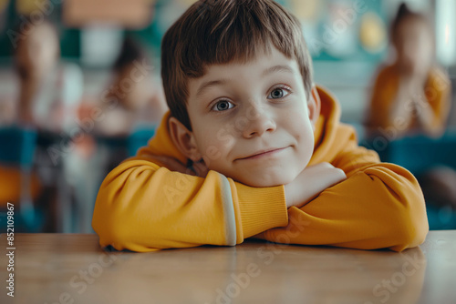 Close-up of a cute boy with a smile who sits at a table in a modern school classroom and studies. 