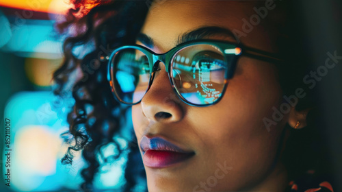 A woman is looking at a computer screen through her glasses