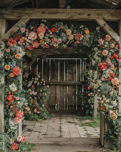 Rustic floral decorations bring a charming, countryside vibe to wedding venues photo