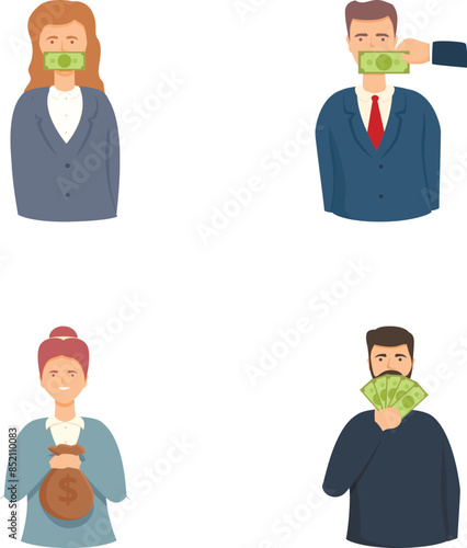 Lobbyism icons set cartoon vector. Financial influence on legislator action. Politics, law