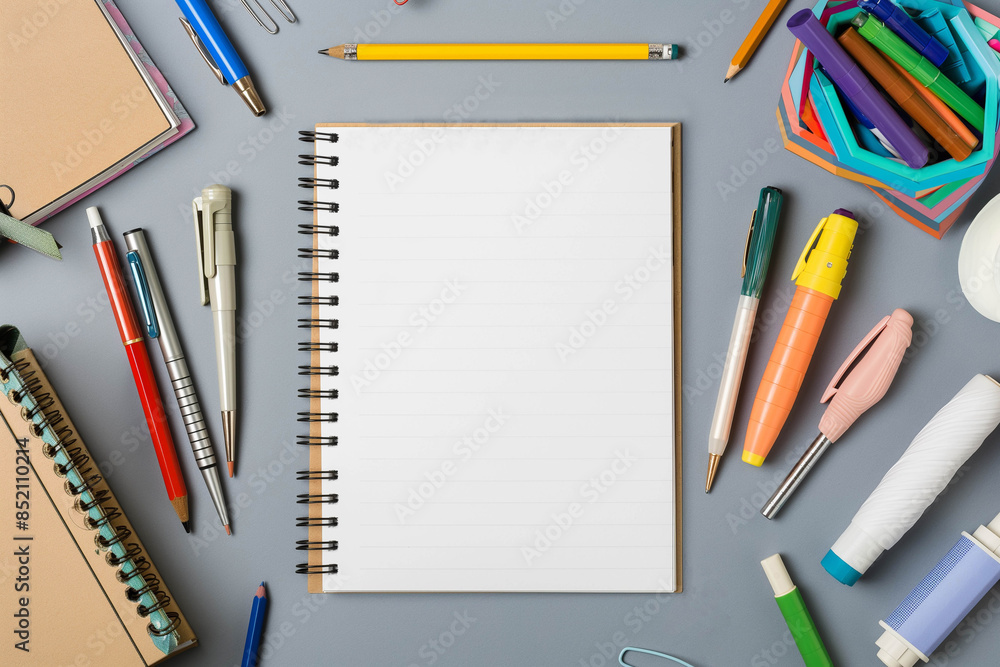 Notepad with blank sheet of paper on gray background with pencils, pens, writing concept, lessons, notes, minimalism Notepad with blank sheet of paper on gray background with pencils, pens, writing concept, lessons, notes, minimalism