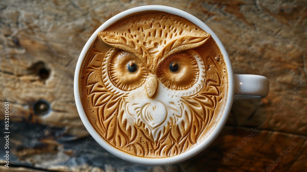 Intricate Owl Latte Art on Rustic Wooden Table Intricate Owl Latte Art on Rustic Wooden Table