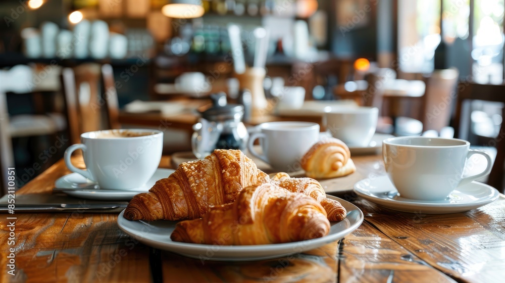 Croissants and coffee cups arranged on a restaurant table Croissants and coffee cups arranged on a restaurant table
