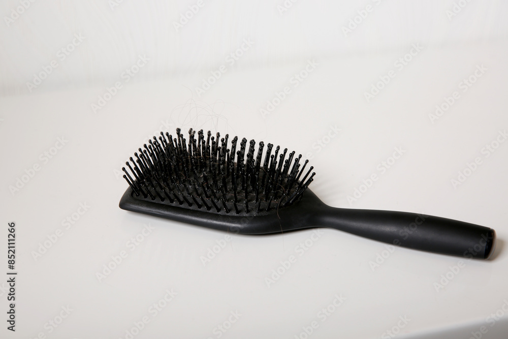 Used dirty hair brush full of hair on white table, head skin hygiene concept Used dirty hair brush full of hair on white table, head skin hygiene concept