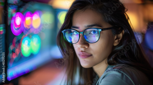 A woman with dark hair and glasses is looking at a computer screen