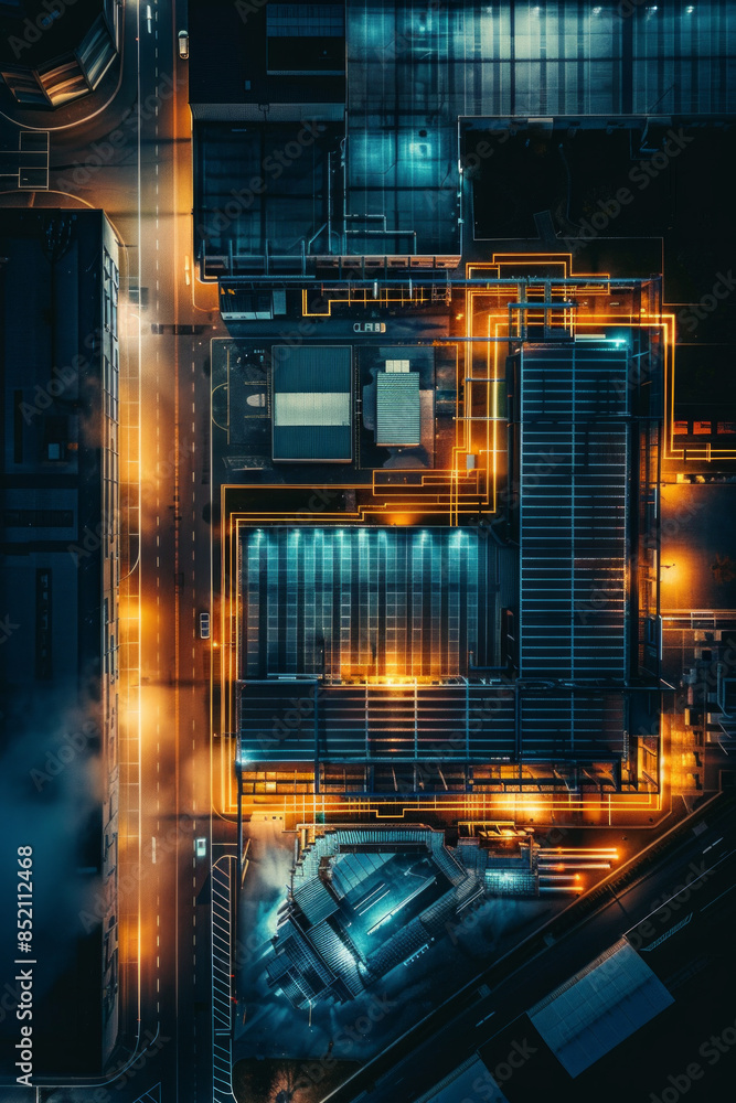 Aerial view of a data center at night, with its exterior illuminated by strategic lighting. Aerial view of a data center at night, with its exterior illuminated by strategic lighting.