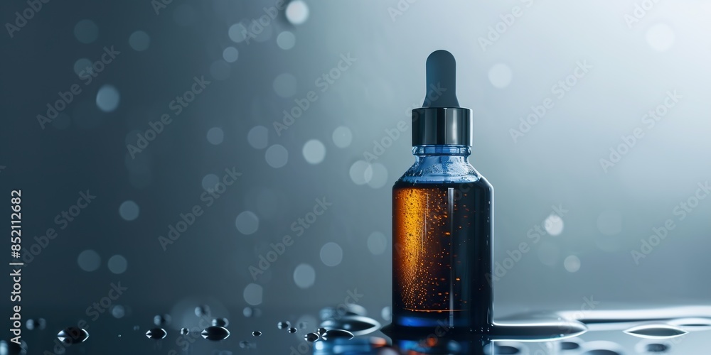 Beauty blue golden glass transparent bottle of serum with rubber dropper or pipette. Beauty blue golden glass transparent bottle of serum with rubber dropper or pipette.