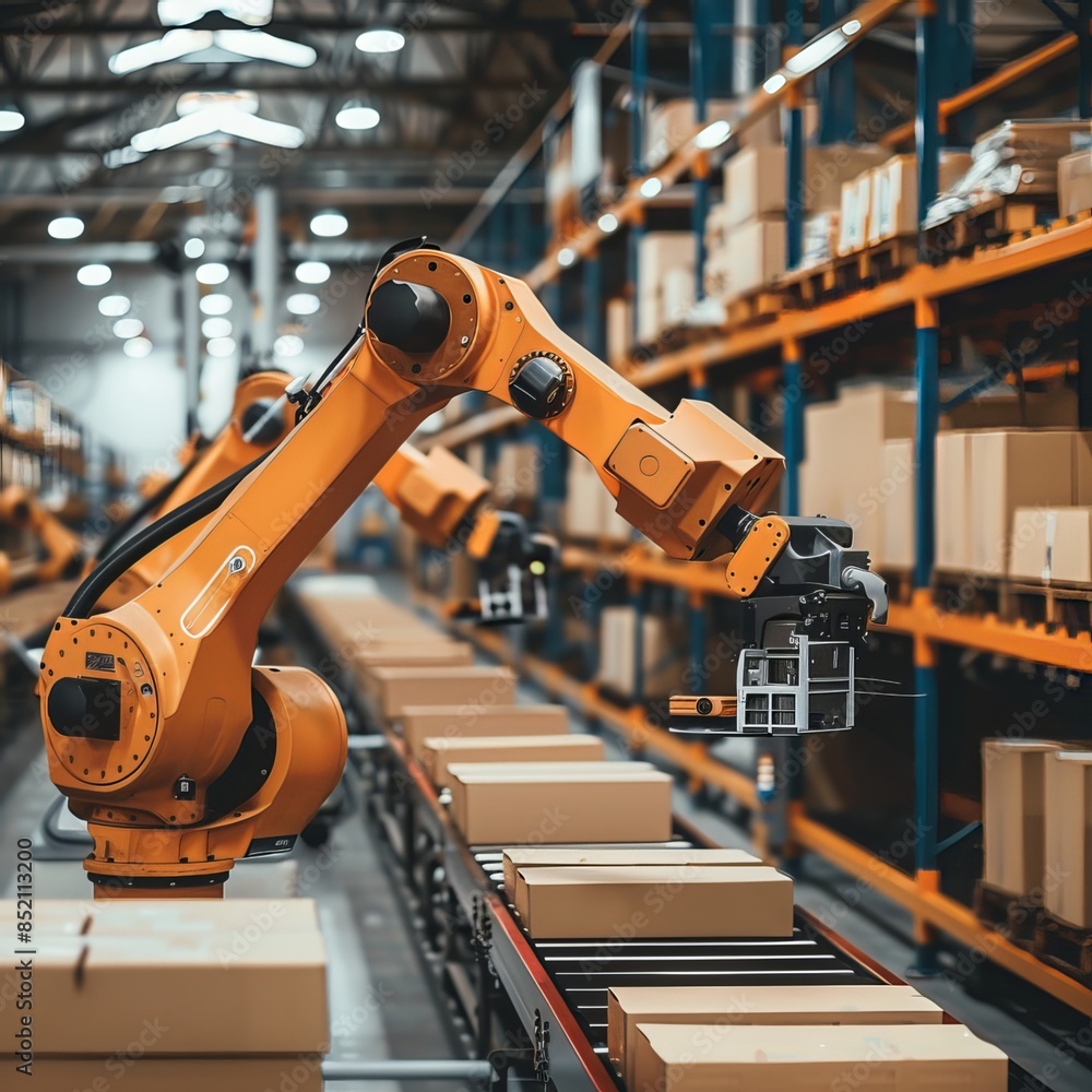 Warehouse automation, robotic arms sorting packages in a warehouse, representing the automation trend in industry with space for custom message. Generative AI Warehouse automation, robotic arms sorting packages in a warehouse, representing the automation trend in industry with space for custom message. Generative AI