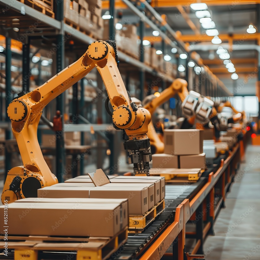 Warehouse automation, robotic arms sorting packages in a warehouse, representing the automation trend in industry with space for custom message. Generative AI Warehouse automation, robotic arms sorting packages in a warehouse, representing the automation trend in industry with space for custom message. Generative AI
