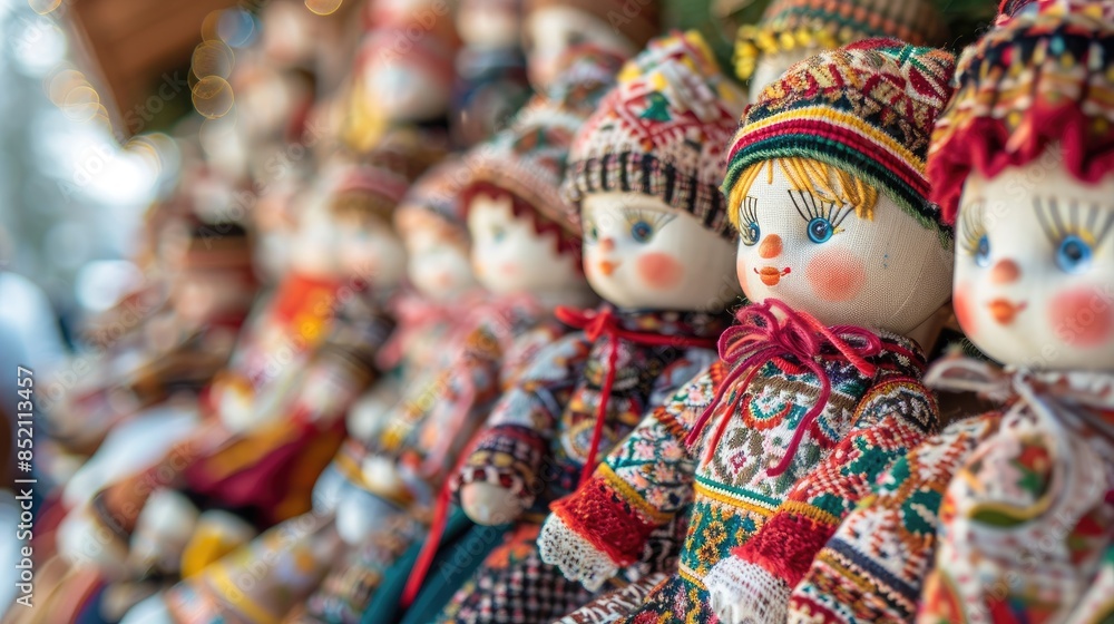 Beautiful handmade dolls adorned in traditional Latvian and Lithuanian attire are on display at the lively outdoor street market a perfect memento for tourists during the city s festive cel Beautiful handmade dolls adorned in traditional Latvian and Lithuanian attire are on display at the lively outdoor street market a perfect memento for tourists during the city s festive cel