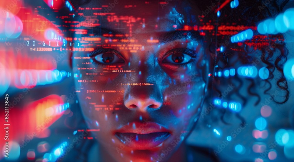 AI cyber security threat, black female IT specialist with glasses ...