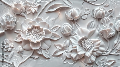 Plaster wall texture with volumetric decorative flowers.