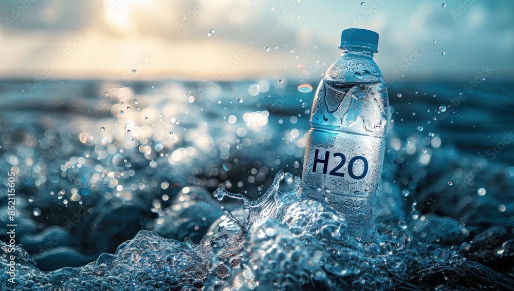 A bottle of H20 is floating in the water. A bottle of H20 is floating in the water.