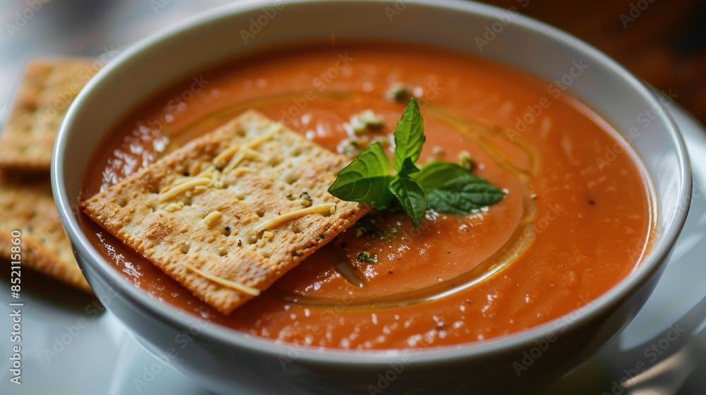 Cold tomato soup with crunchy crackers Cold tomato soup with crunchy crackers