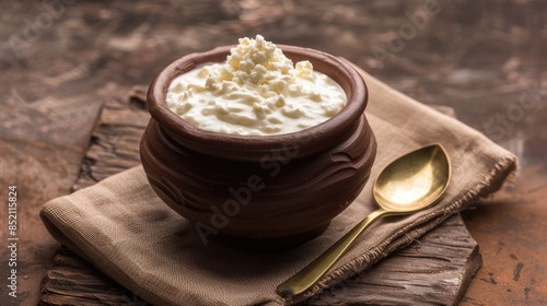 A popular Indian dessert homemade dahi doi sour cream curd or yogurt is served in a traditional brown earthen pot with a shiny brass spoon against a rustic brown backdrop This probiotic dair photo