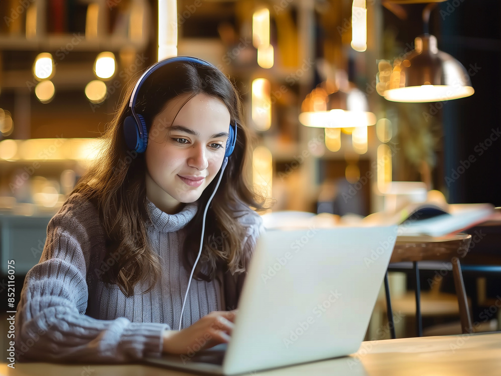 Young Eastern European University Student with Long Dark Hair Studying in the Library Young Eastern European University Student with Long Dark Hair Studying in the Library