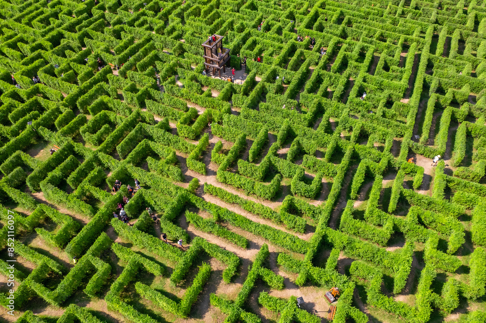 Aerial view of people trying to find exit in a labyrinth garden at sunny day