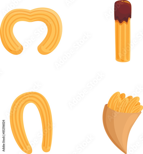 Vector illustrations of cartoon fast food snacks including churros and fries