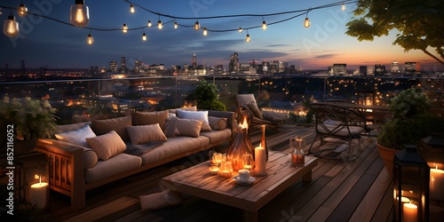 terrace with outdoor string lights View over cozy outdoor, beautiful house with lanterns Autumn evening on the roof terrace
