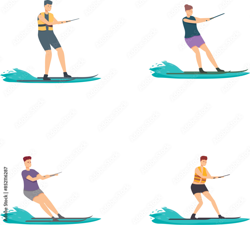 Illustration collection of four diverse water skiers gliding on waves Illustration collection of four diverse water skiers gliding on waves