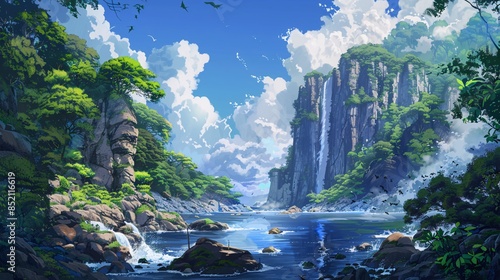 A beautiful landscape with a waterfall and a river