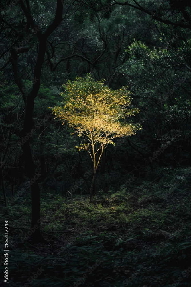 Naklejka premium A single tree glowing softly in a dark, dense forest, providing light and hope amidst the shadows, symbolizing optimism in difficult times.