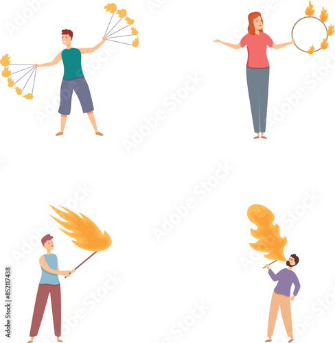Illustration of performers juggling and handling fire, showcasing different skills