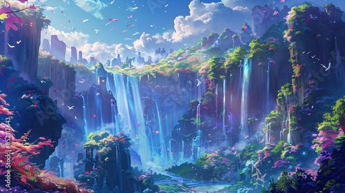 A beautiful landscape with a waterfall and mountains