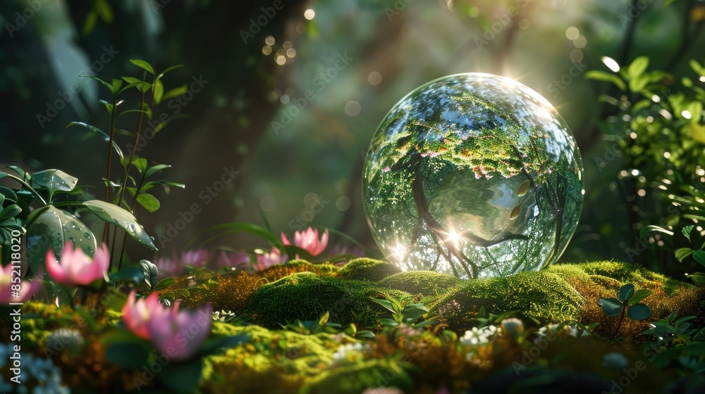 A sparkling crystal globe peacefully rests atop a bed of lush moss deep within the confines of a mystical forest A sparkling crystal globe peacefully rests atop a bed of lush moss deep within the confines of a mystical forest