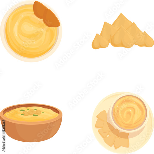 Vector illustrations of different dips with chips, perfect for party snack graphics