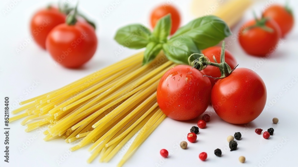 Spaghetti and tomatoes with utensils on white backdrop Spaghetti and tomatoes with utensils on white backdrop