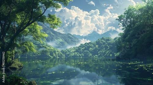 A beautiful forest with a lake in the middle