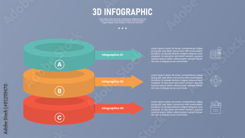 3 point stage or step infographic template with 3d isometric style shape with outline circle and arrow on stack vertical position for slide presentation