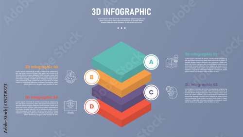 3 point stage or step infographic template with 3d isometric style shape with square layer stack on center for slide presentation