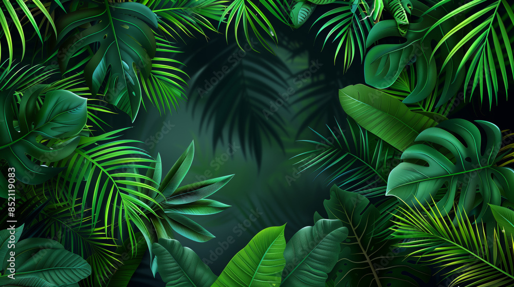 Border of green tropical leaves background with space for text. Palm, monstera, banana leaves for creating summer rainforest illustration Border of green tropical leaves background with space for text. Palm, monstera, banana leaves for creating summer rainforest illustration