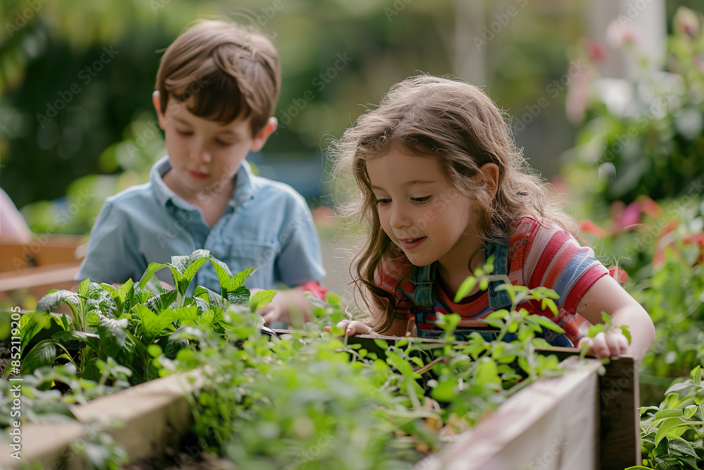 Two children are looking at plants in a garden Two children are looking at plants in a garden
