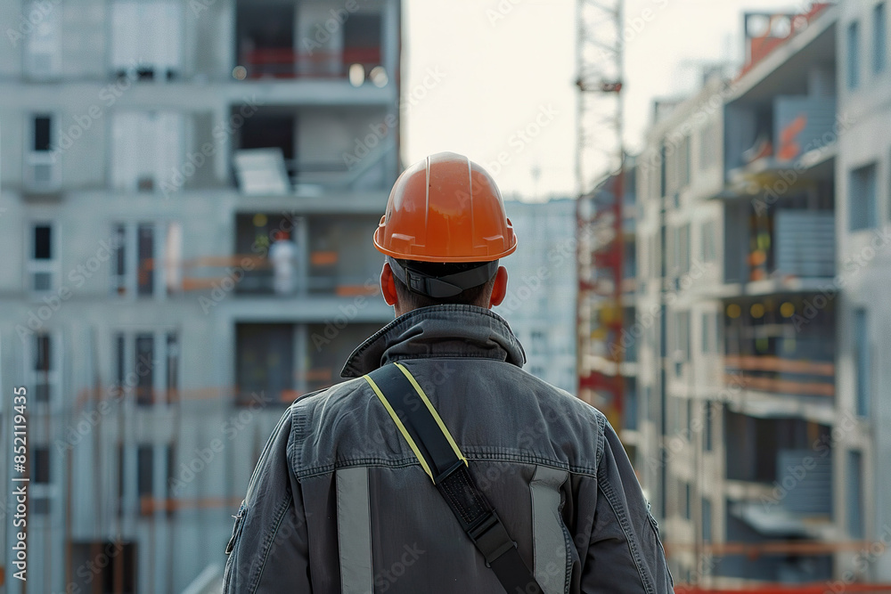 A man wearing a hard hat and a grey jacket stands in front of a building A man wearing a hard hat and a grey jacket stands in front of a building